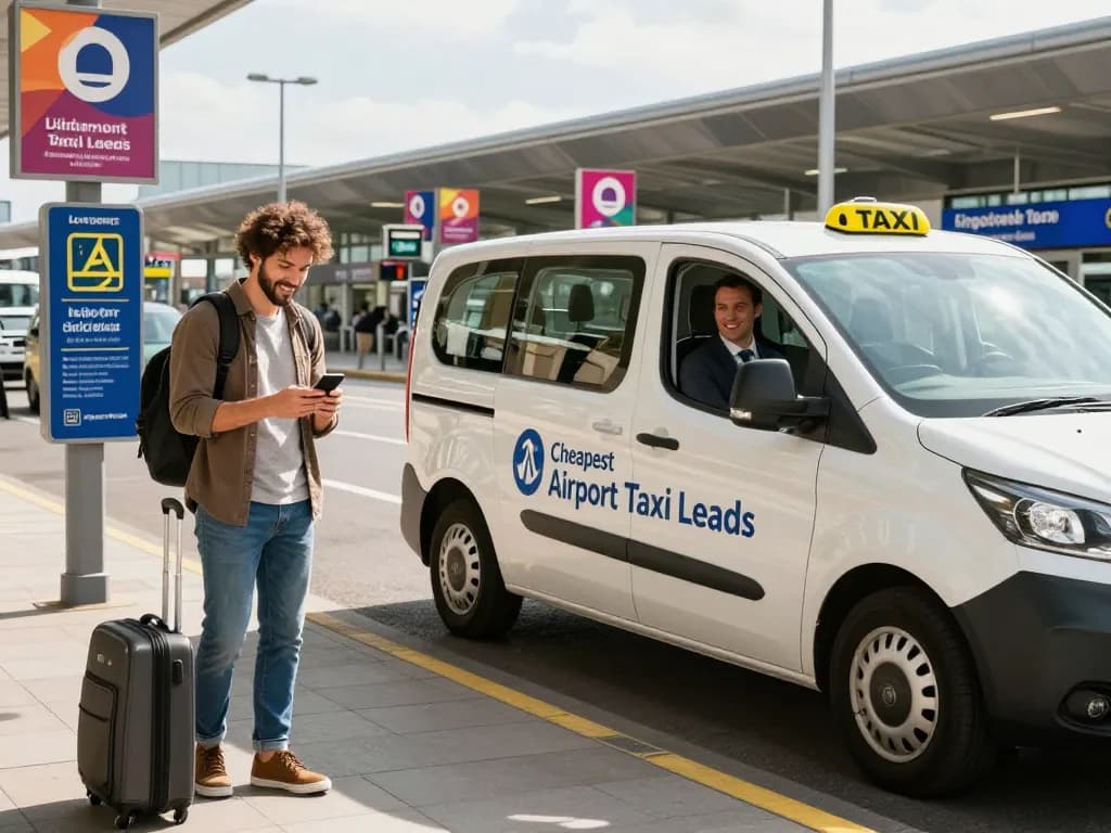 Cheapest airport taxi leeds at Leeds Bradford Airport with happy traveler checking phone and spacious taxi van parked nearby.