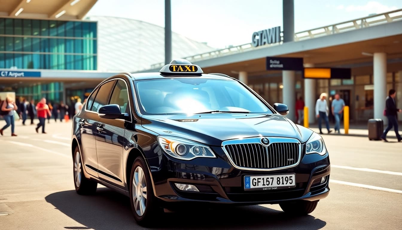 Gatwick airport taxi service showcasing a sleek cab ready for passengers at the terminal.