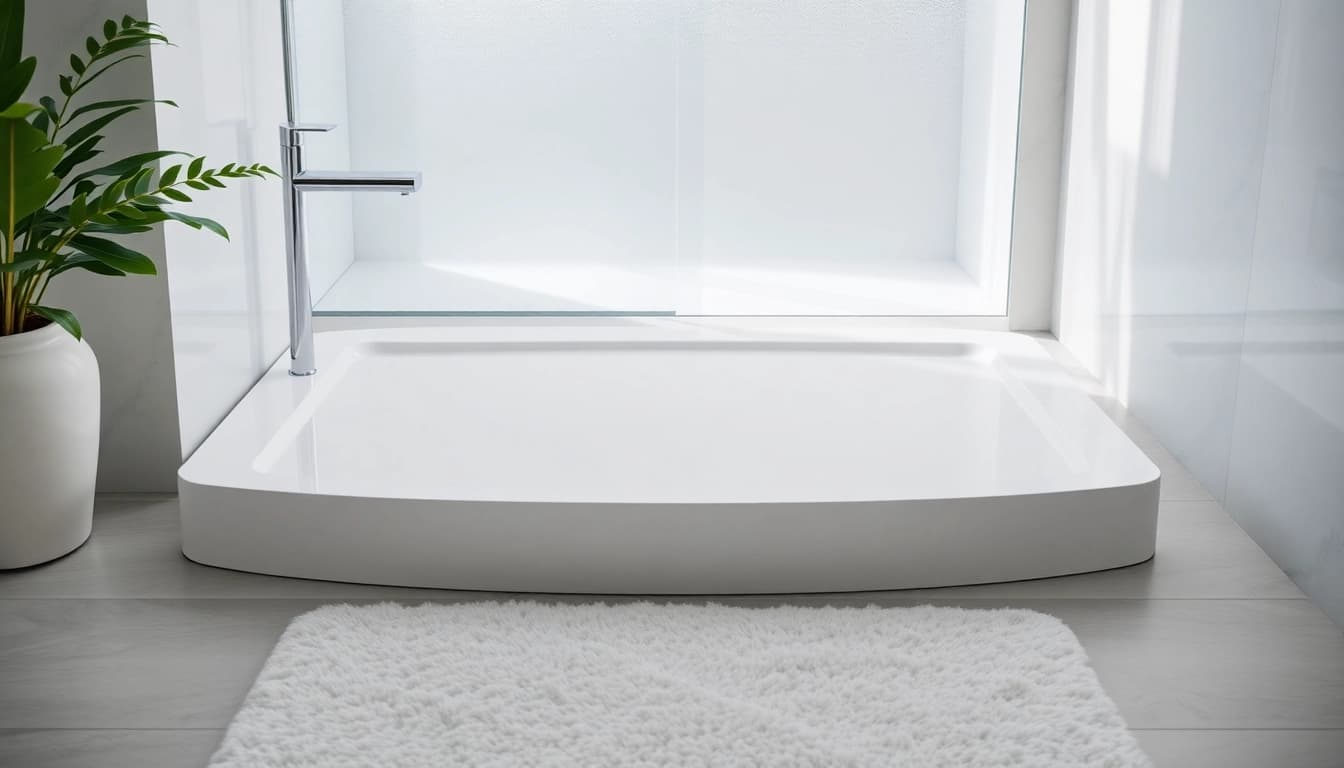 A sleek shower base shower elegantly featured in a modern bathroom setting.