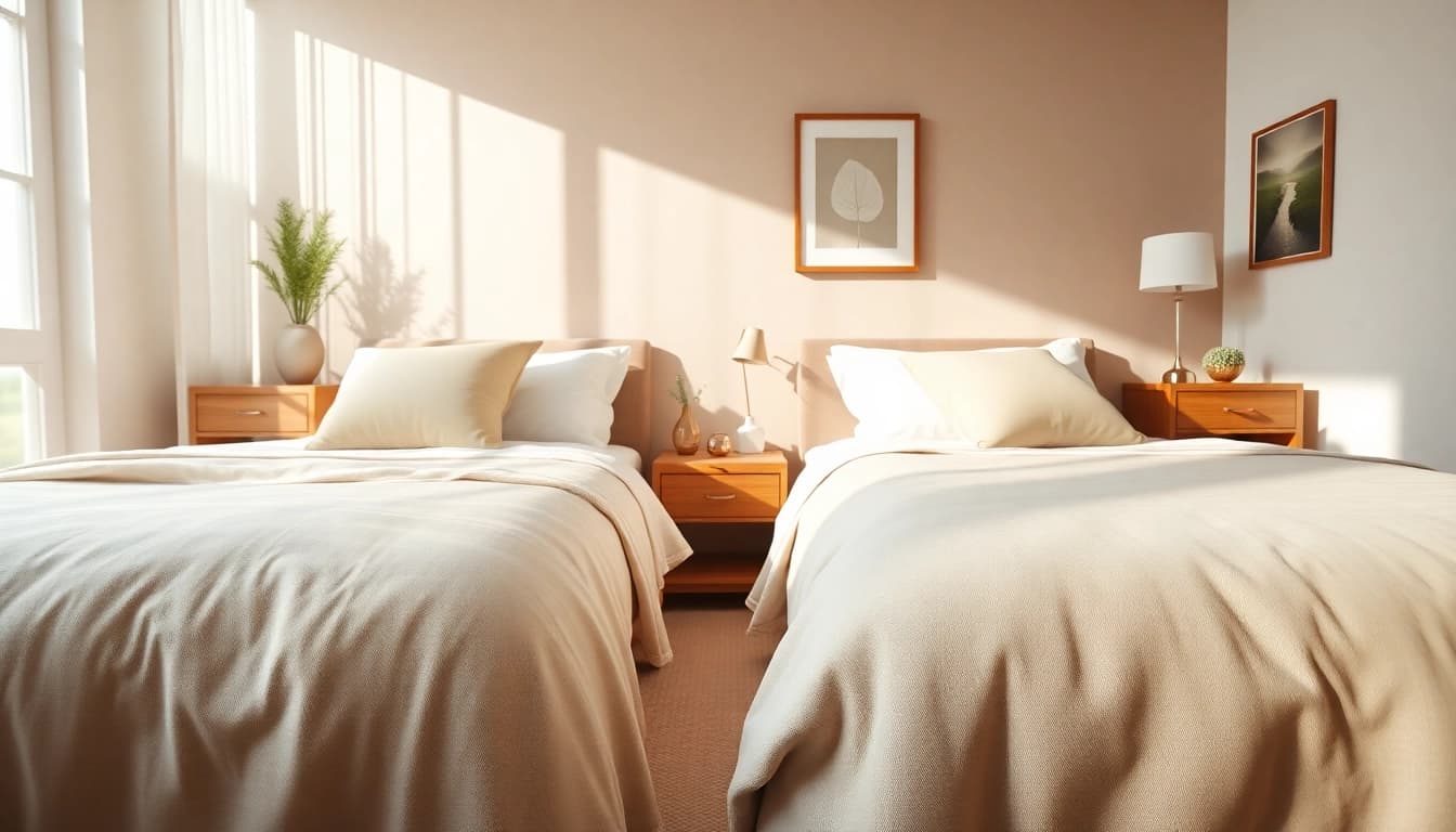 Elegant twin beds arranged beautifully in a peaceful bedroom, inviting relaxation and comfort.
