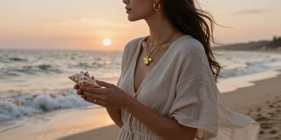 Timeless jewellery UK displayed beautifully against a serene beach backdrop at sunset.