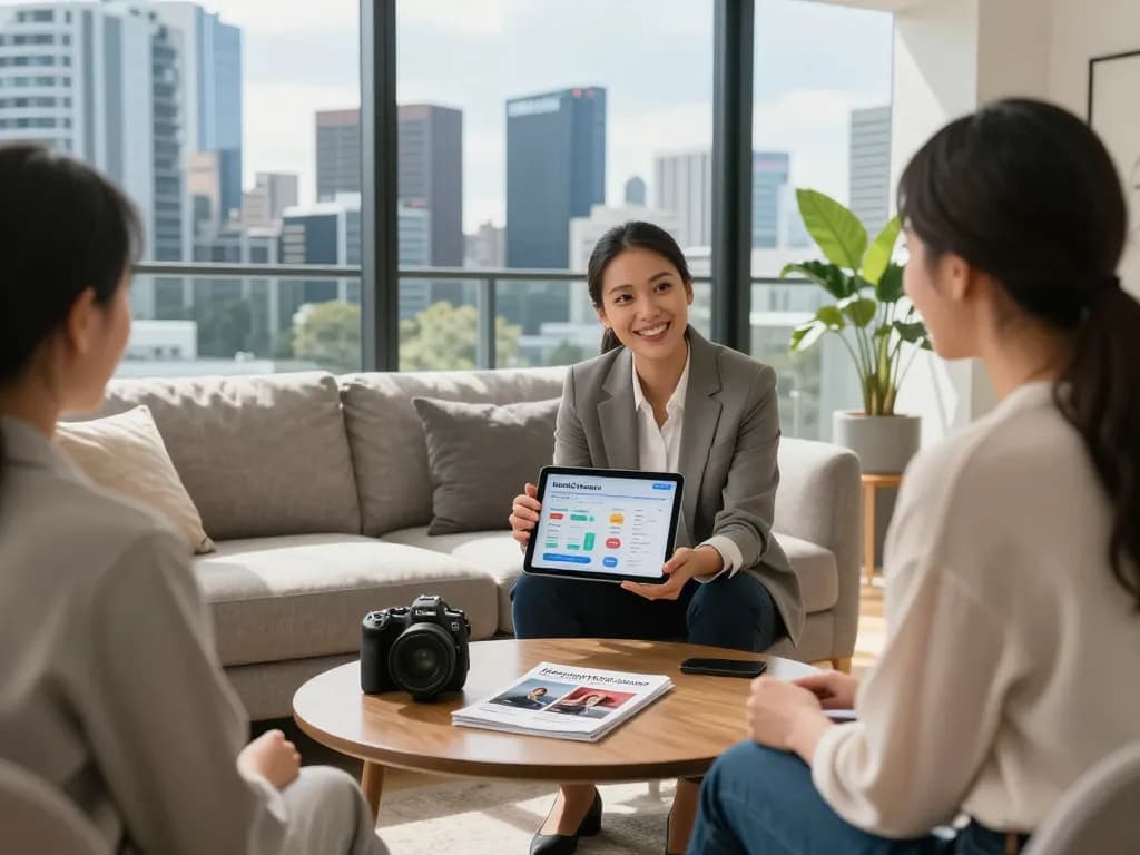 Engaging discussion on airbnb management melbourne in modern apartment showcasing rental performance analytics.