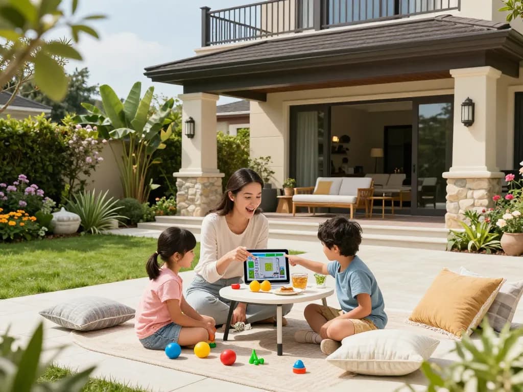 Family engaged with a veranda configurator in a beautiful garden setting, showcasing outdoor design possibilities.
