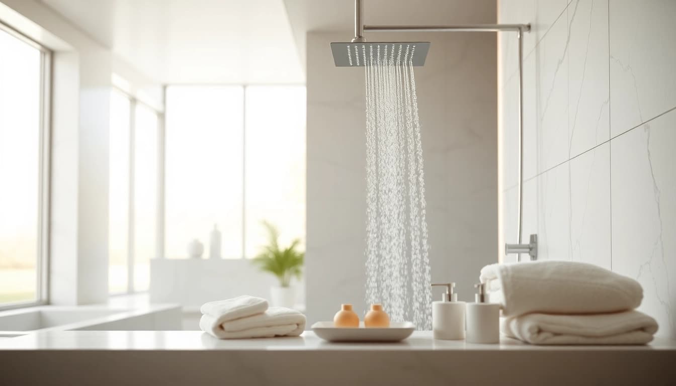 Experience elegant showers with luxurious rainfall in a modern bathroom setup.