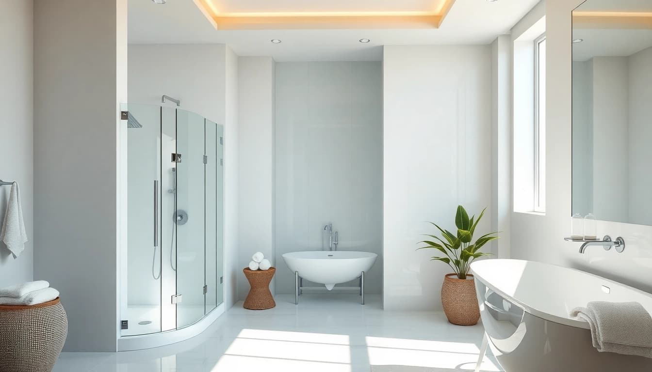 Experience exquisite elegant showers in a modern and stylish bathroom with natural lighting.