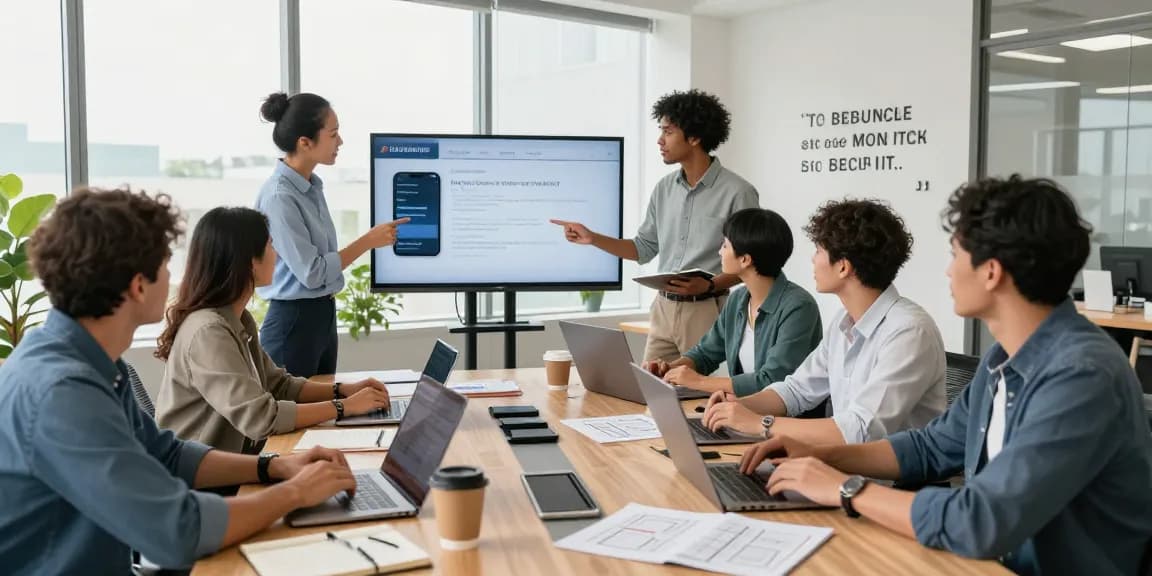 Team collaborating on business phone service solutions in a modern office.