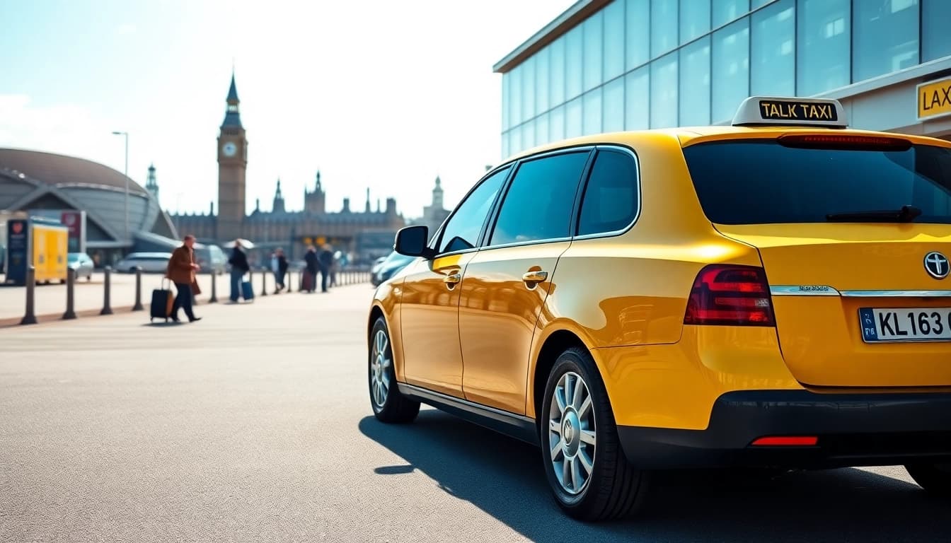 Taxi ready for passengers at London City airport, showcasing London's vibrant atmosphere.
