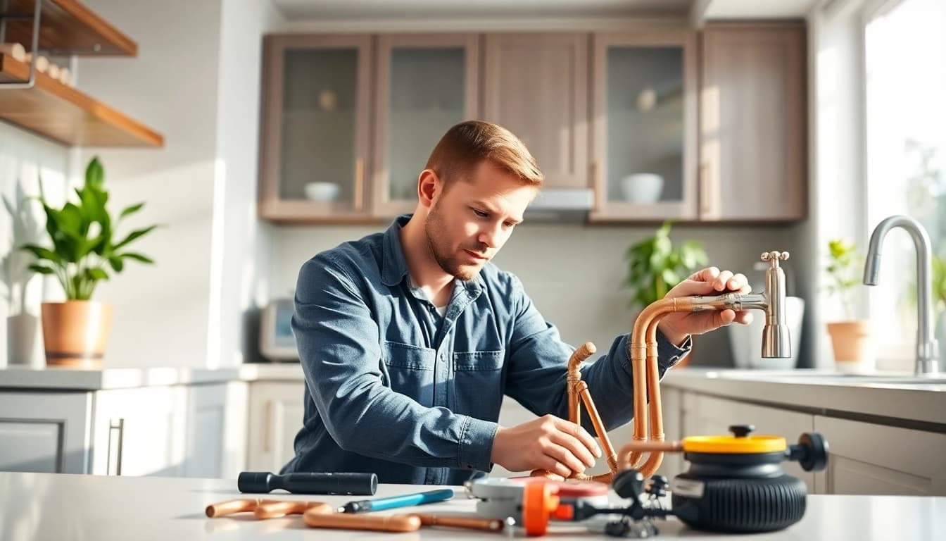 Whole house repiping services Tampa showcased by a professional plumber working in a modern kitchen.