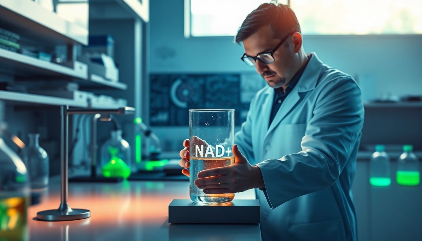 Scientist studying NAD+ in a modern laboratory, focused on innovative research.