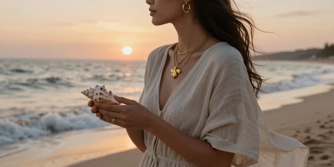 Timeless jewellery UK displayed beautifully against a serene beach backdrop at sunset.