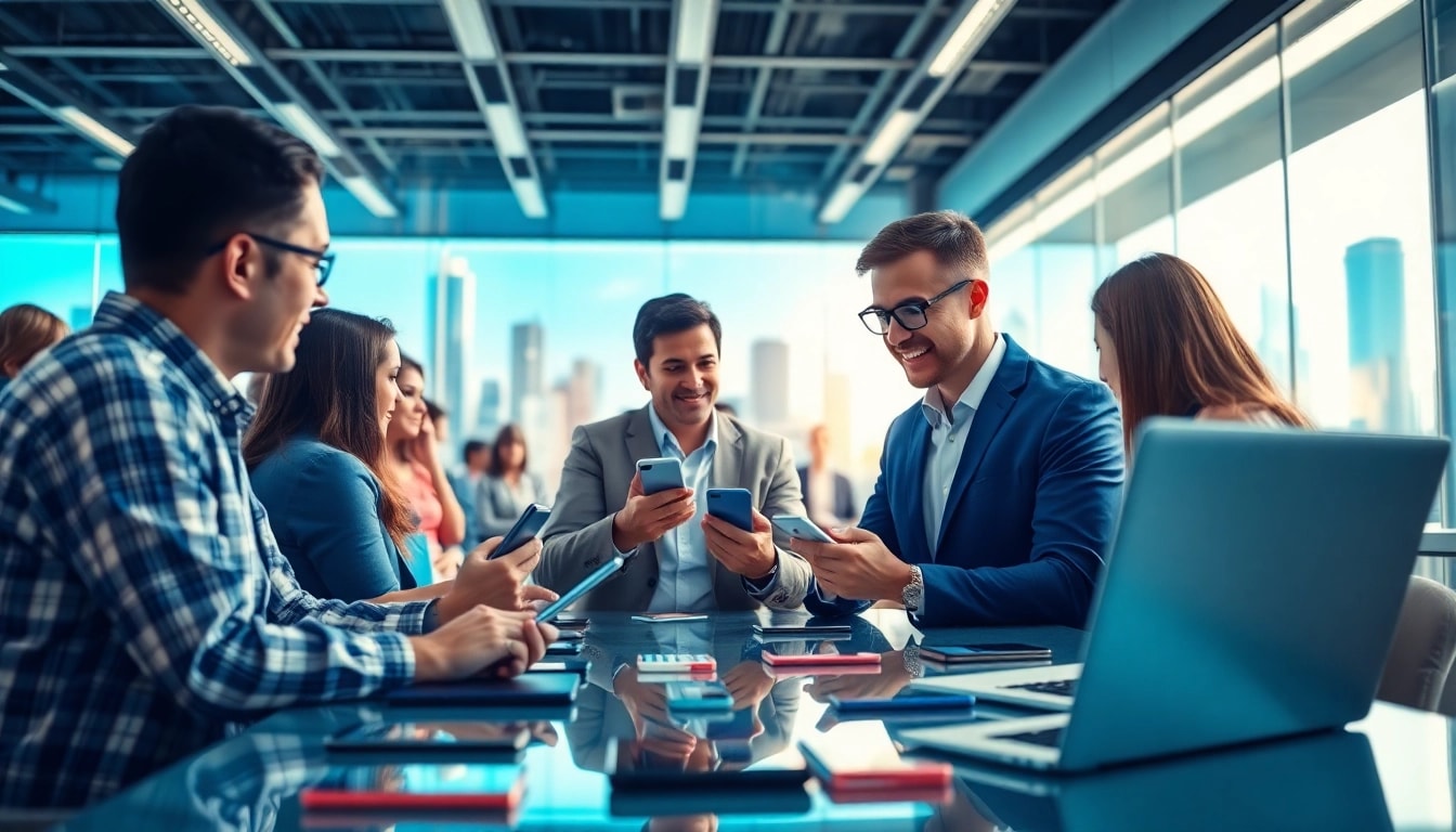Quick Phone Buyer engaging with clients in a modern office setting filled with smartphones.