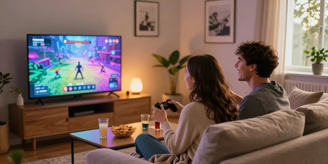 Couple enjoying free sex games online together in a cozy living room.