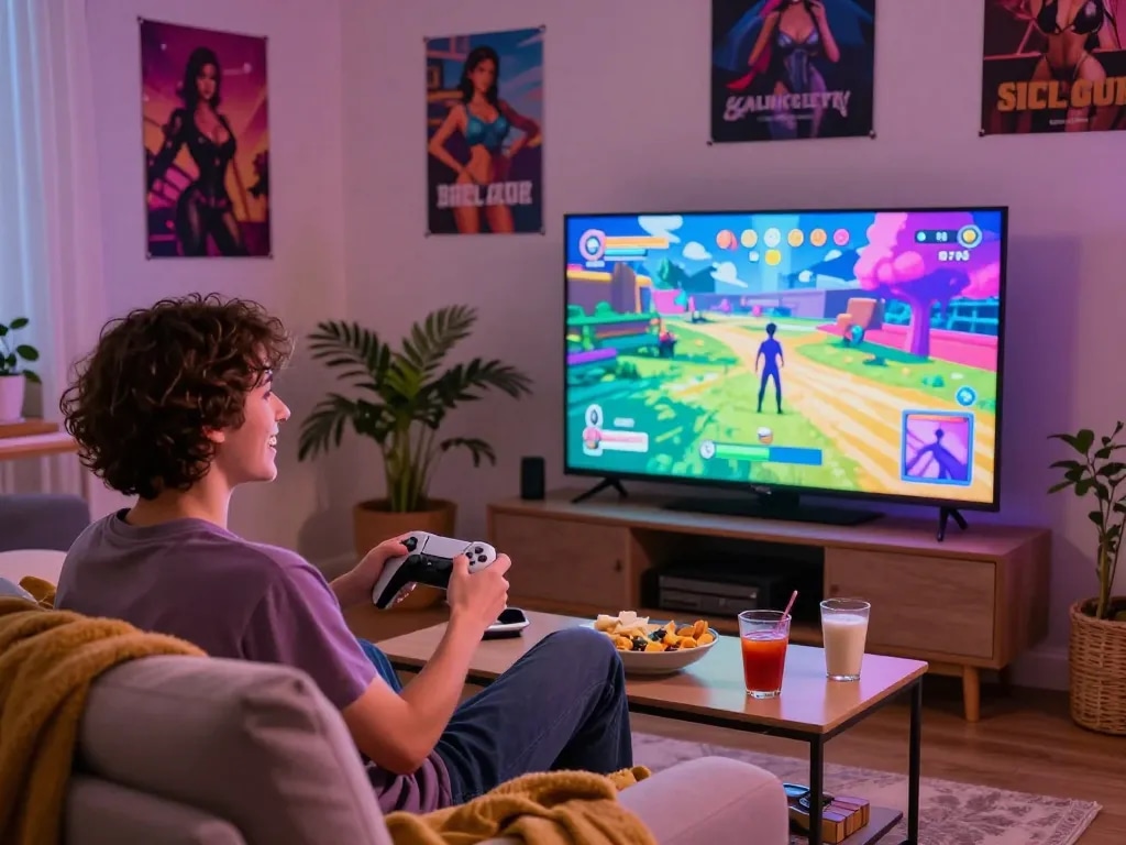 Engaged player enjoying immersive sex games in a cozy living room.