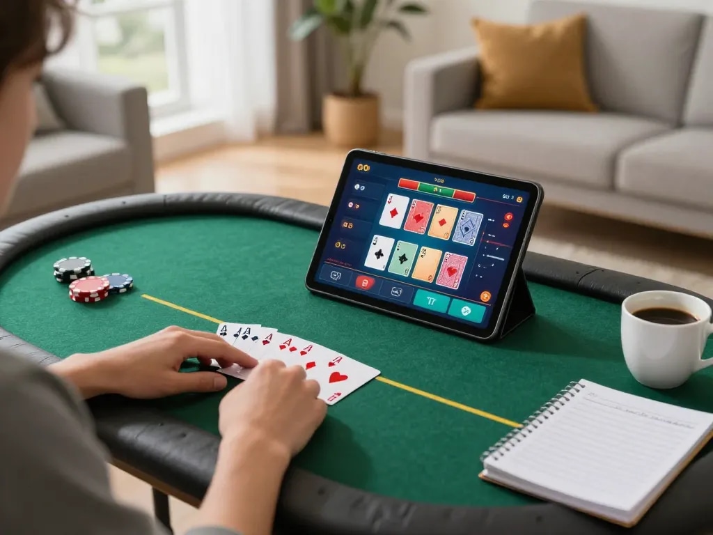 Engaged player enjoying online gambling at 77bet with tablet and strategy notes.