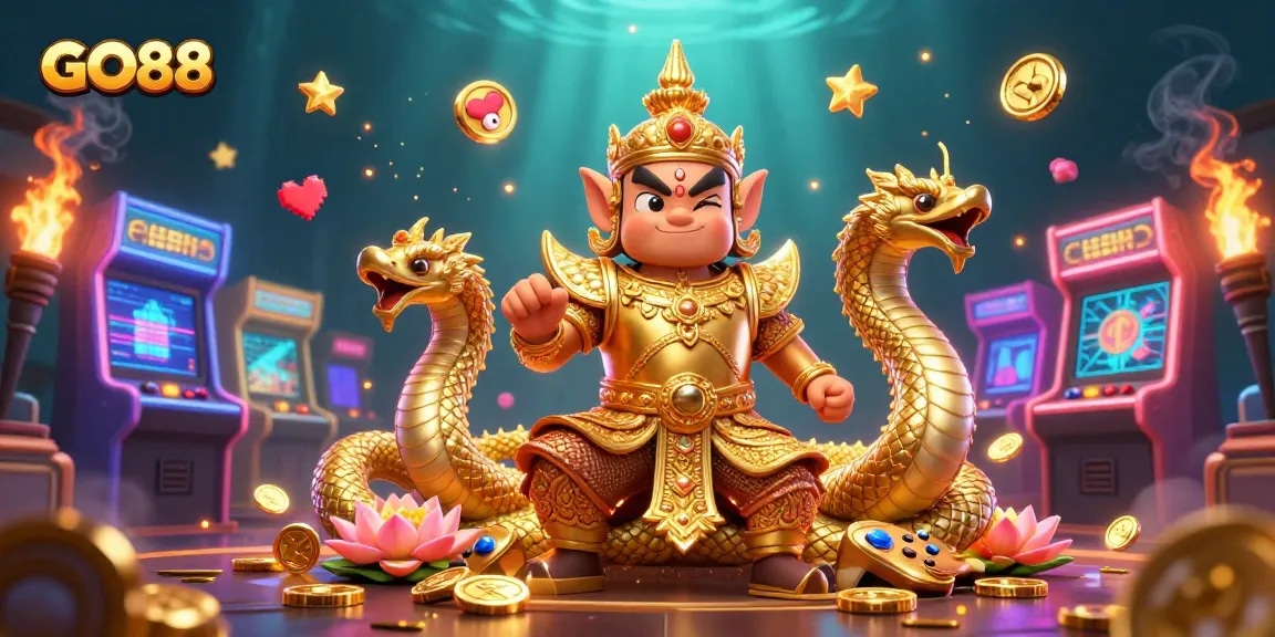 Experience the thrill of GO88 with a vibrant 3D illustration showcasing a guardian, Naga companions, and casino elements.