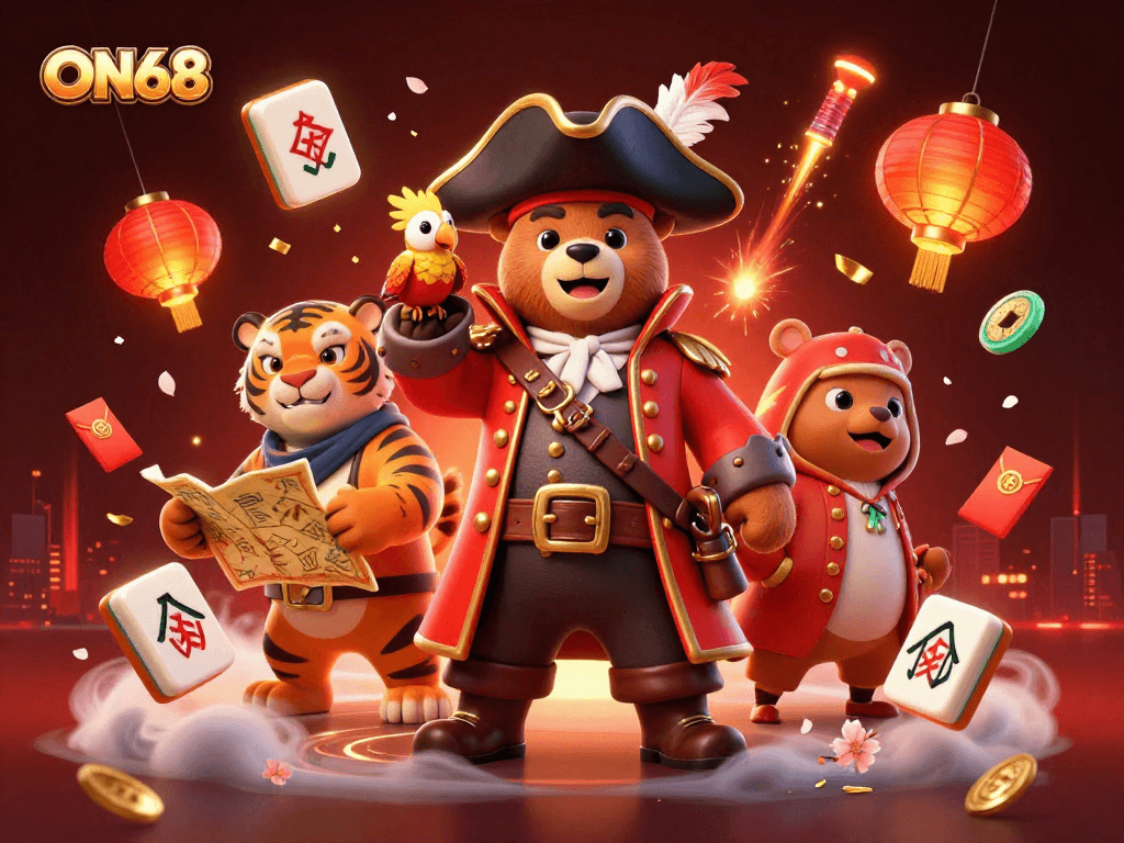 Engage in thrilling gameplay at ON68 with colorful illustrations of vibrant casino elements and characters.