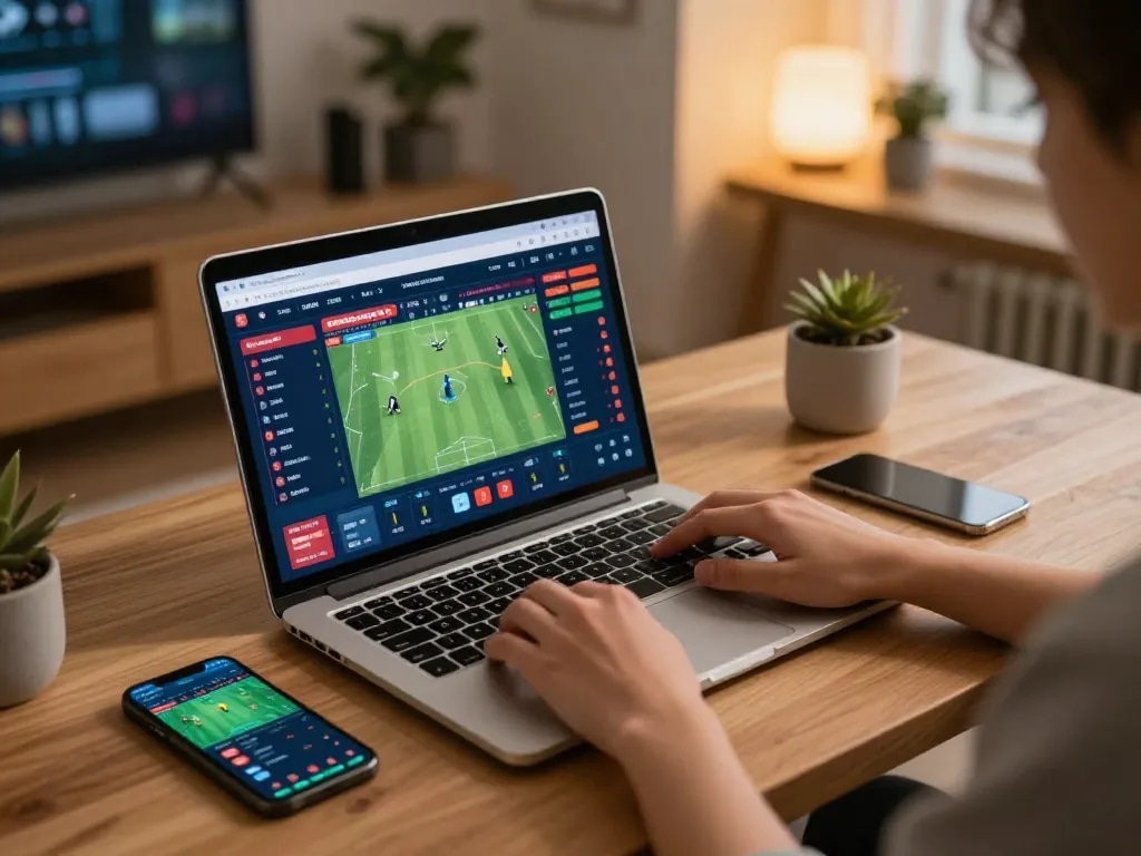 Engaging in sports betting with Keonhacai5 on a laptop during a live match