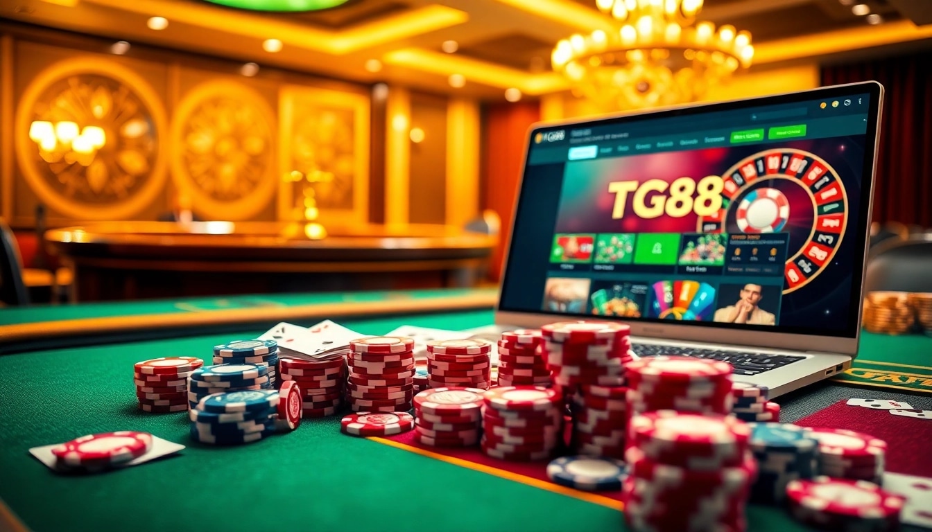 Experience the excitement of TG88 at a luxurious casino table with vibrant poker chips and cards.