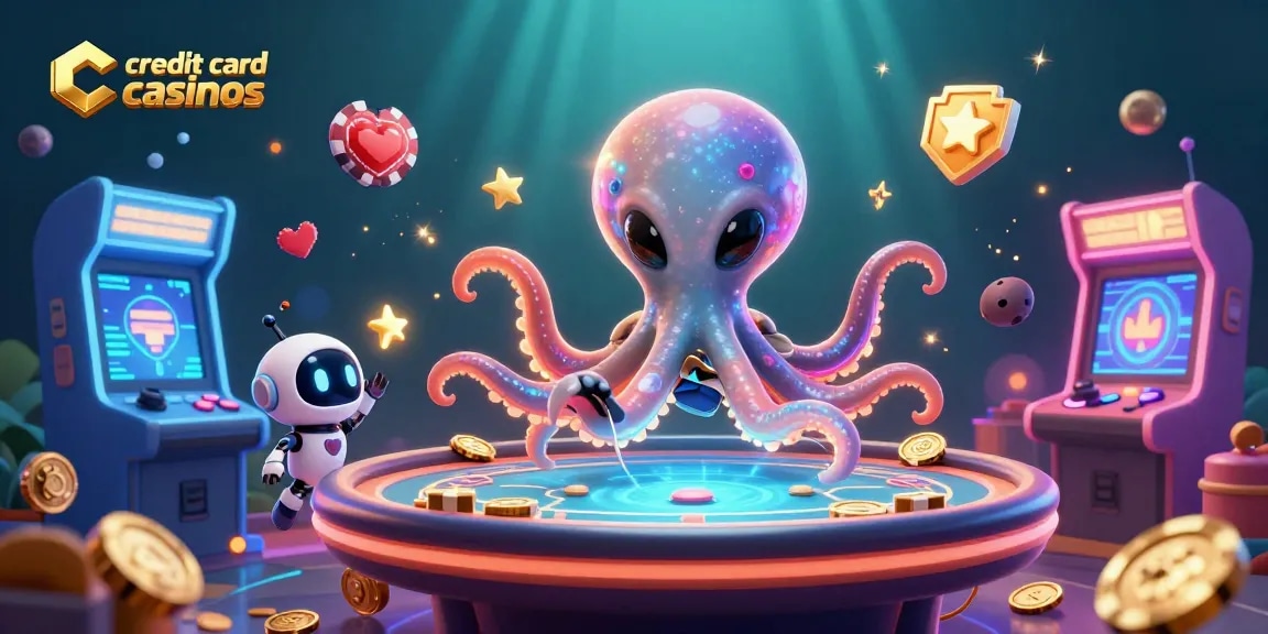 Navigate credit card casinos with an alien octopus gaming, surrounded by cosmic arcade elements.