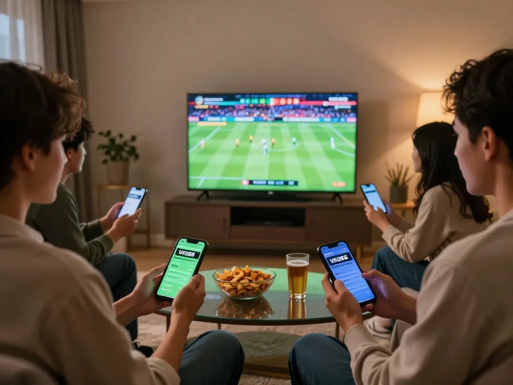 Friends engaging in sports betting with VK88 app on smartphones during a game night