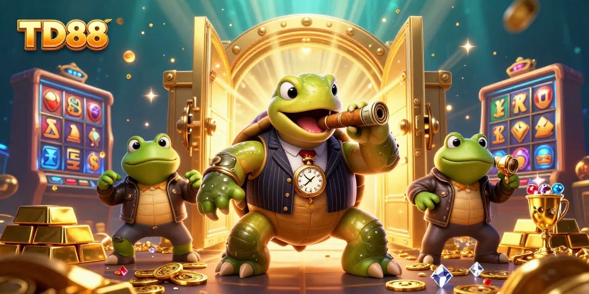 Spin the exciting slot reels with TD88, featuring a unique turtle mobster and vibrant casino elements.