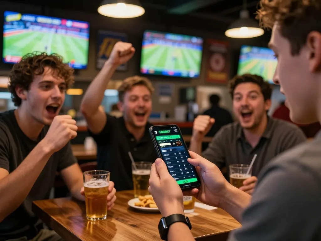 SBOBET mobile sports betting scene with friends cheering on live games