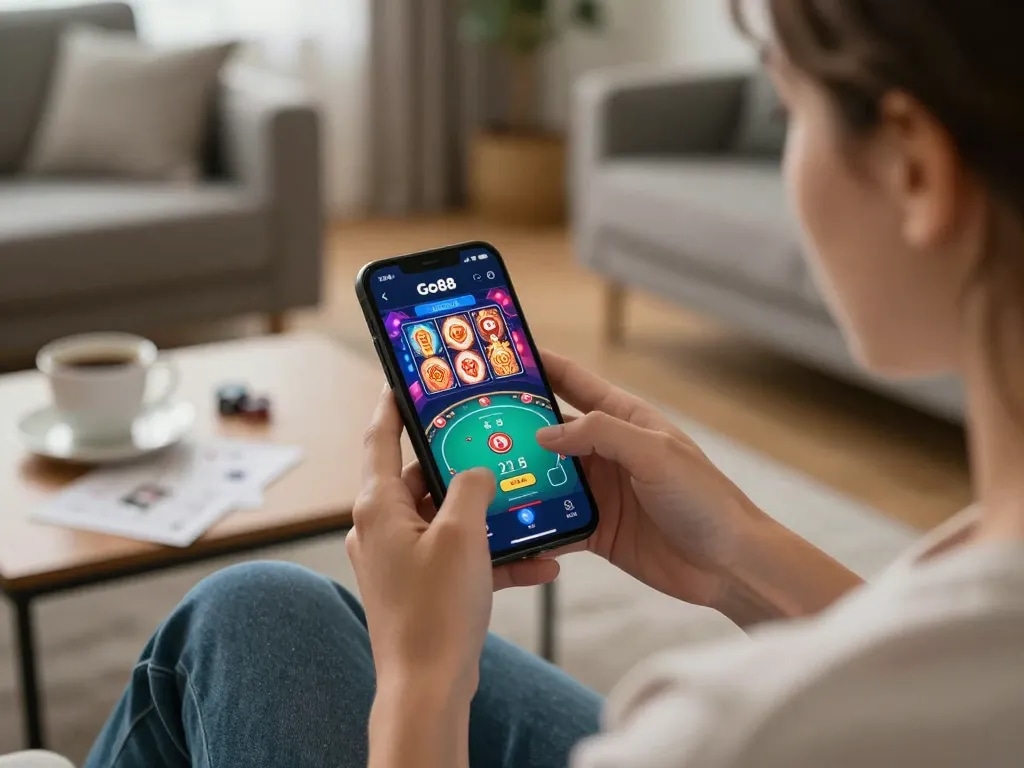 Experience Go88 online gaming with vibrant mobile graphics in a cozy living room setting.