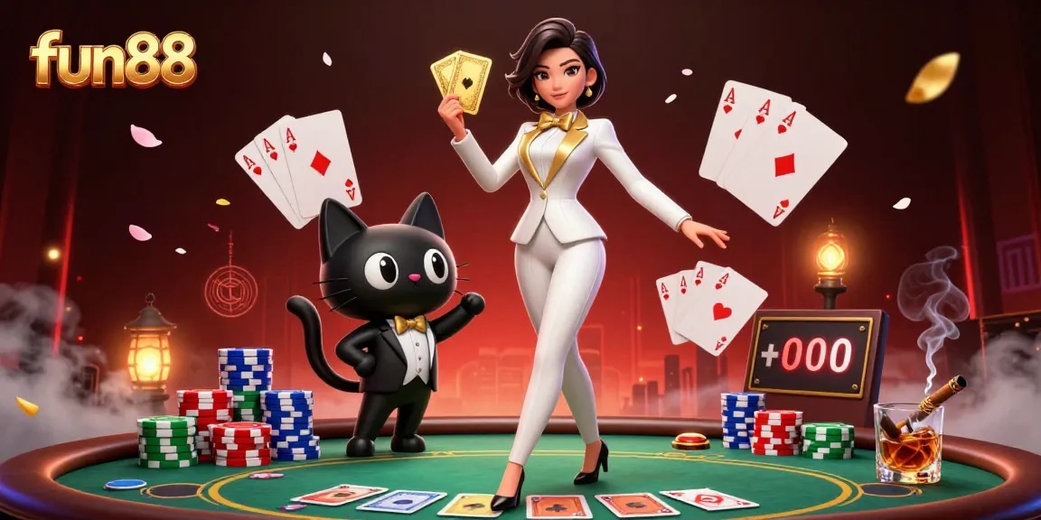 Fun88 features an engaging scene of a glamorous woman at a poker table, showcasing casino excitement.