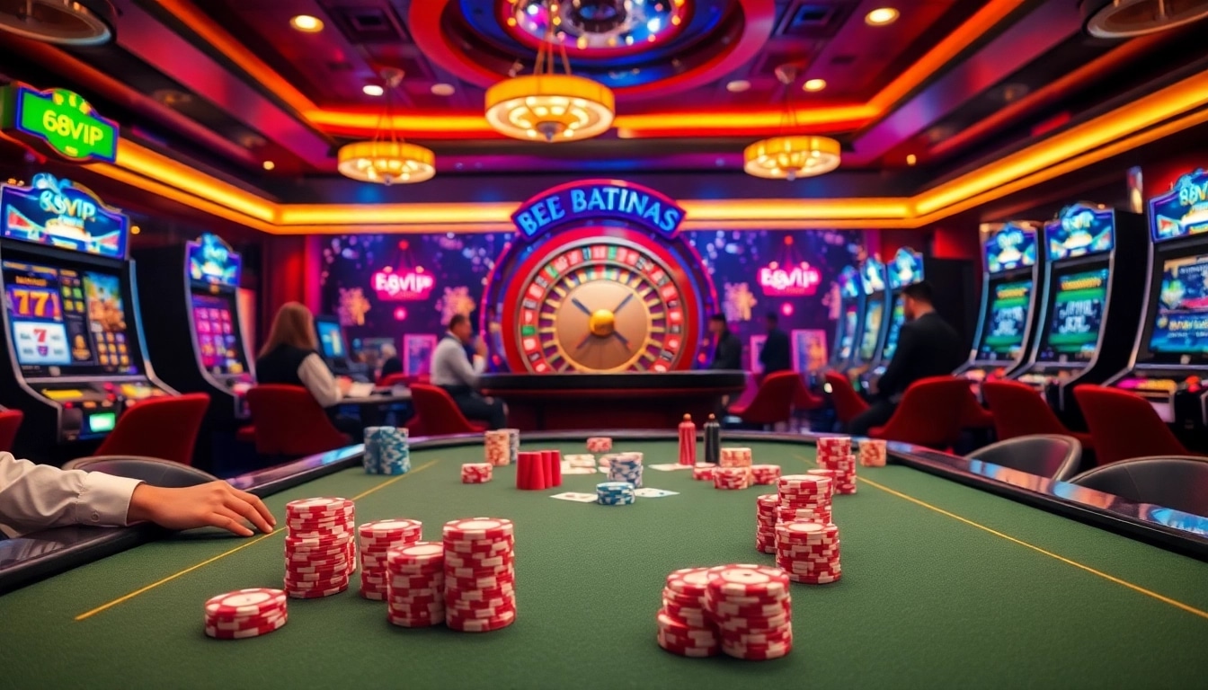 Experience the thrilling atmosphere of 68VIP with high-stakes poker, vibrant chips, and exciting games.