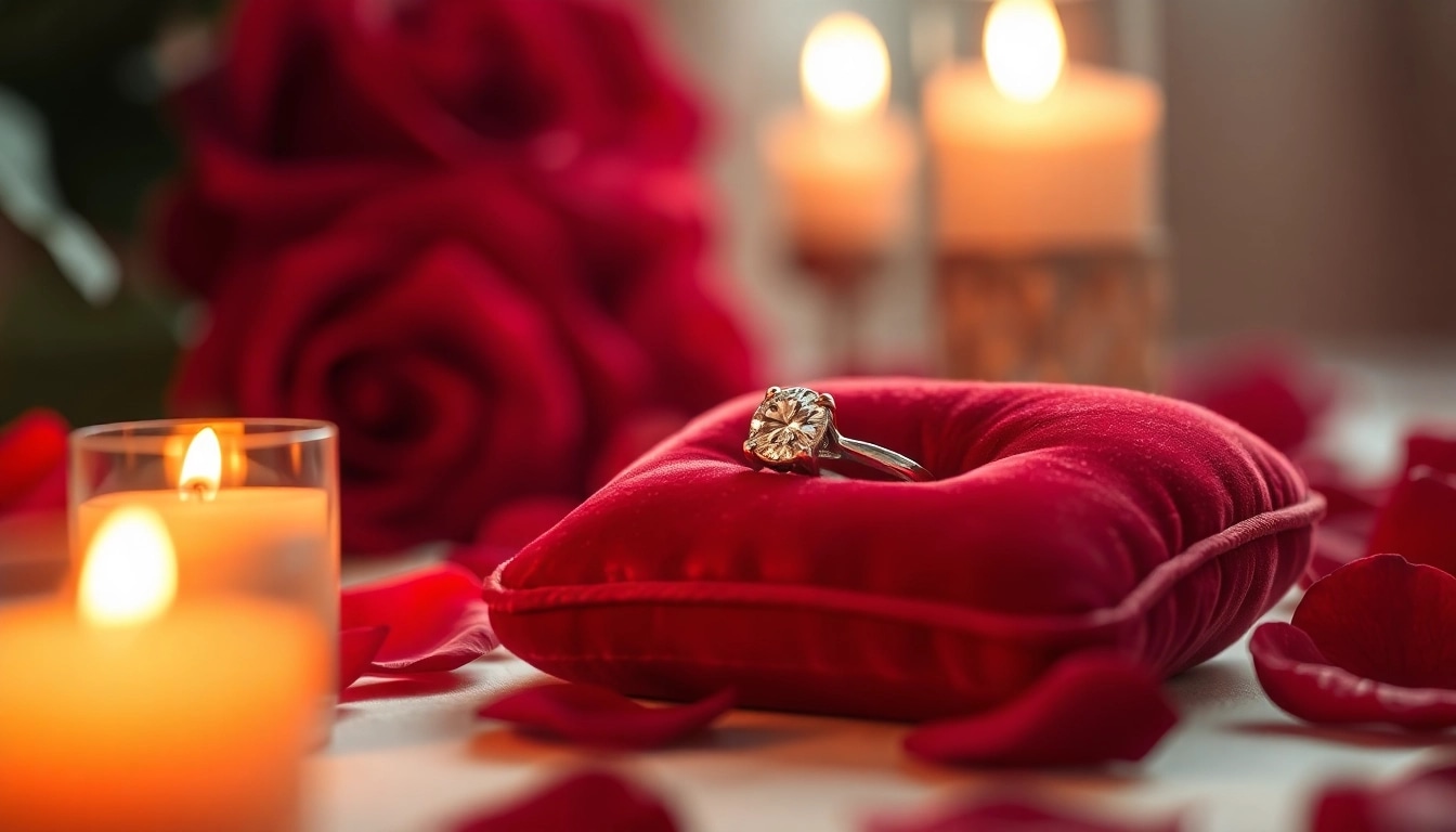 Buy engagement ring for Valentine’s Day UK showcased beautifully with rose petals and candlelight.