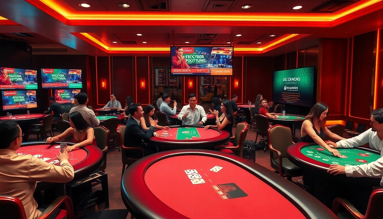 Vibrant online gaming scene showcasing players at card tables, emphasizing topgamebaidoithuong.mx.