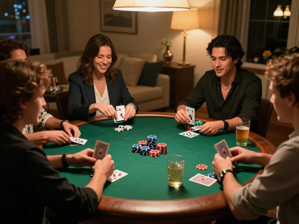 A thrilling poker night scene showcasing friends enjoying friendly competition at kp88 nhà cái while strategizing over drinks and chips.