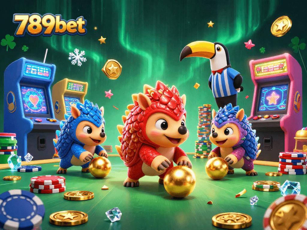 Experience the thrilling casino atmosphere with 789bet as pangolins roll through poker chips, showcasing vibrant gaming elements.