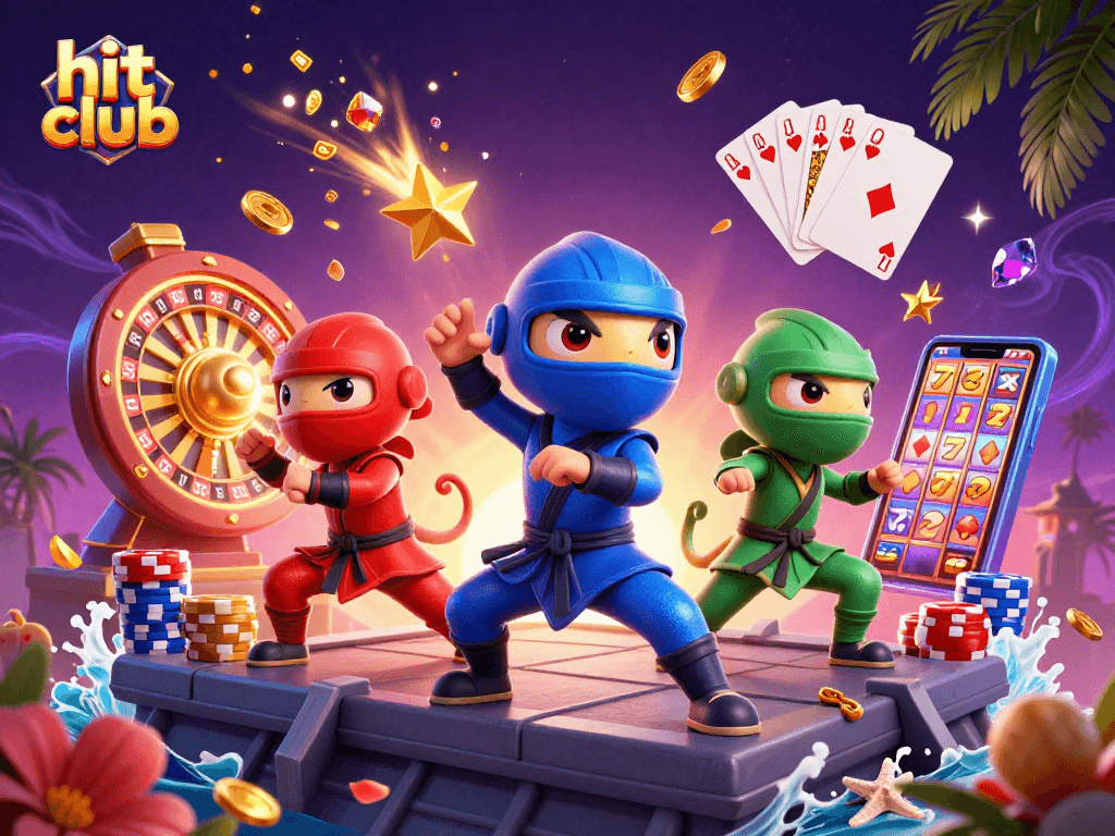 Hit club illustration of ninja chameleons celebrating with golden coins and a spinning roulette.
