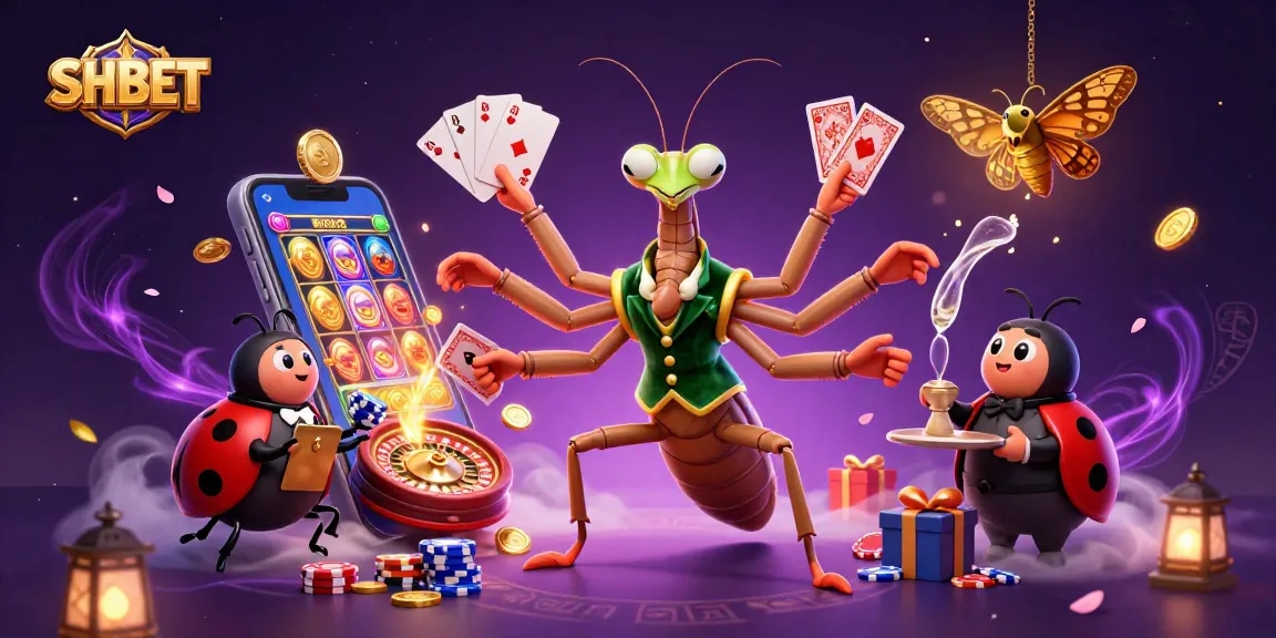 Engage with thrilling SHBET casino fun featuring a giant mantis dealer and ladybug pit boss!