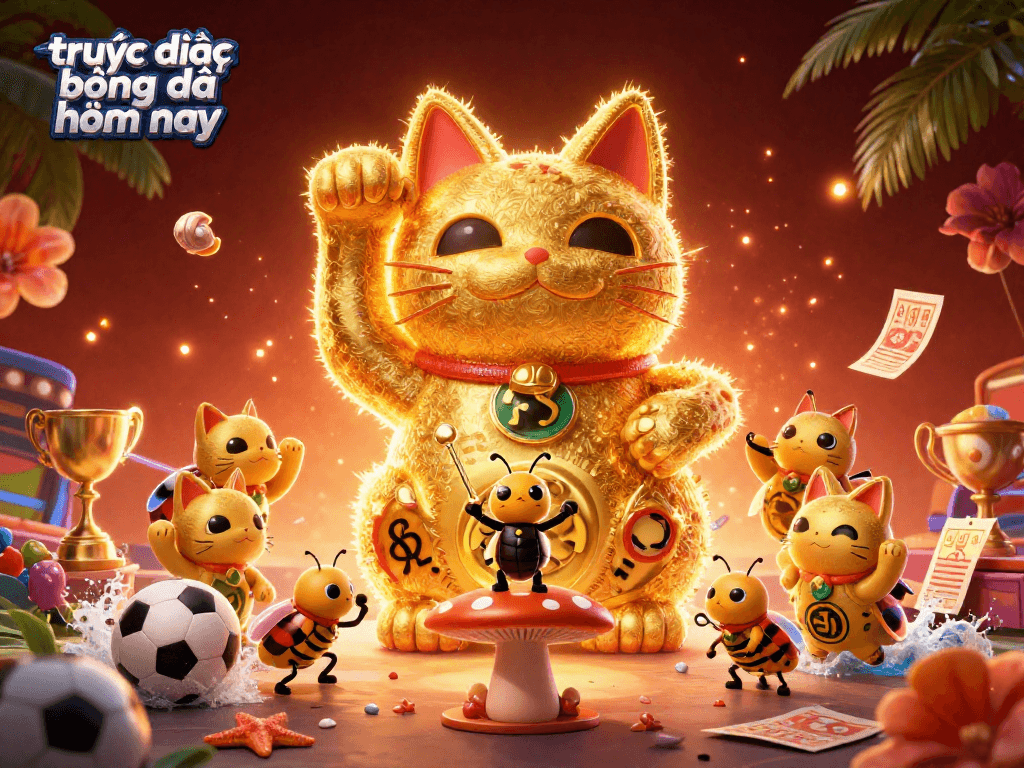 Experience trực tiếp bóng đá hôm nay with a dynamic illustration of golden fireflies as a lucky cat amidst vibrant sports elements.