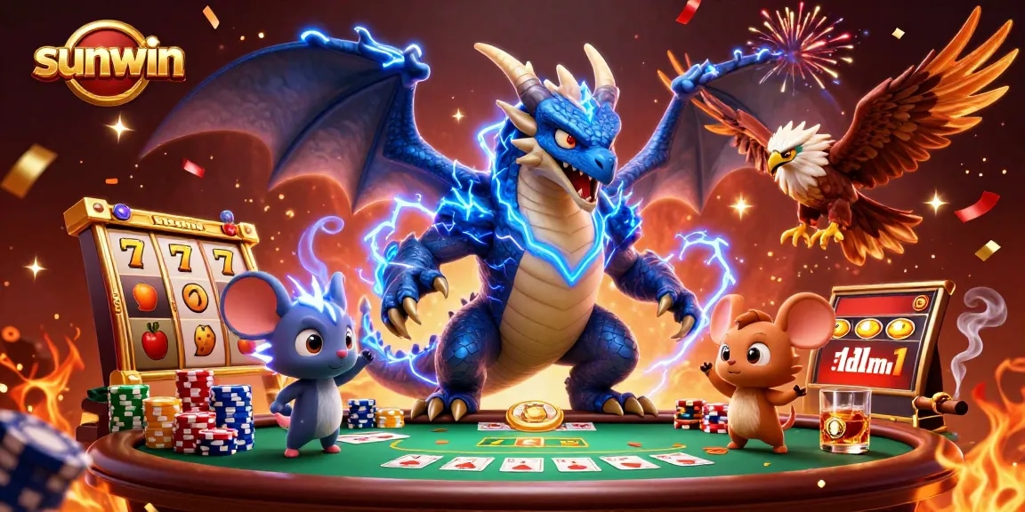 Experience the excitement of sunwin with electric dragons and vibrant casino elements exploding in action.
