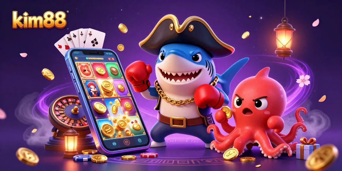 Join the fun at kim88 with a vibrant illustration of a pirate shark, pufferfish, and octopus enjoying games and coins!