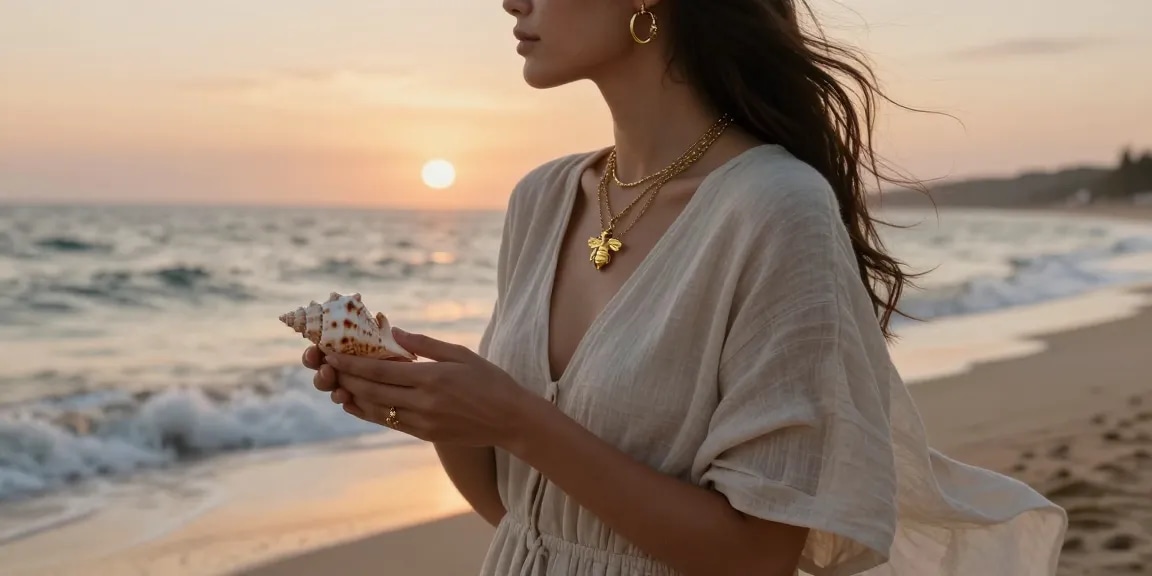 Timeless jewellery UK displayed beautifully against a serene beach backdrop at sunset.