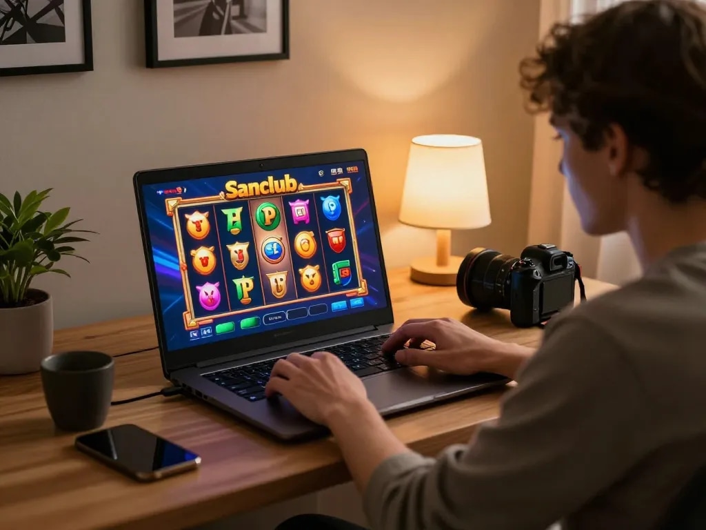 Player enjoying Sanclub online gaming on a laptop, showcasing vibrant slot game excitement and cozy atmosphere.