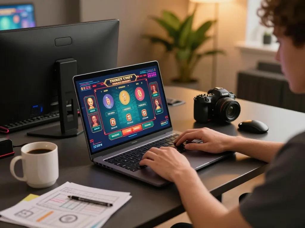 Engaged in online gambling with nhà cái mm88 on a laptop, showcasing the gaming setup atmosphere.