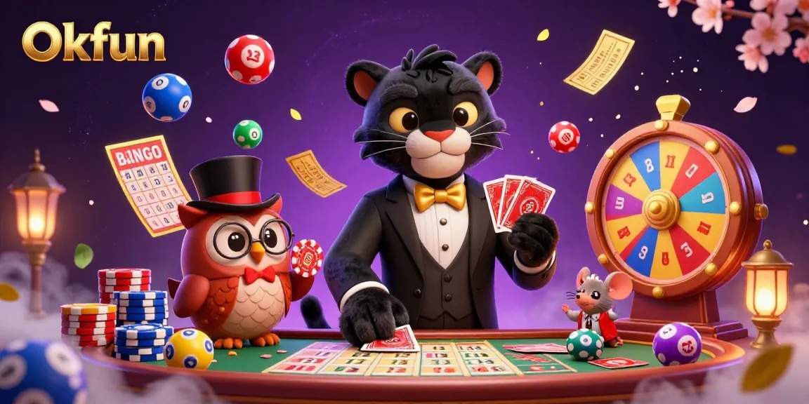 Engage with Okfun's thrilling casino world featuring a panther dealer, an owl with poker chips, and dynamic lottery elements.