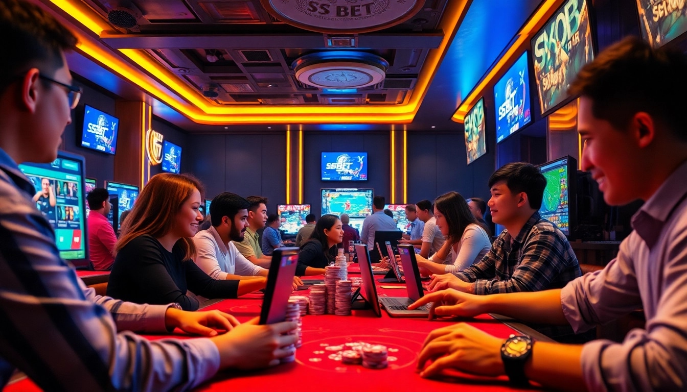 SBOBET.dance interactive casino gaming scene with diverse players enjoying poker and sports betting