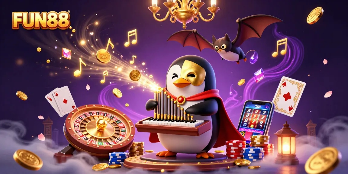 FUN88 casino illustration with a penguin and acrobatic bat amid golden coins, roulette, and gaming elements