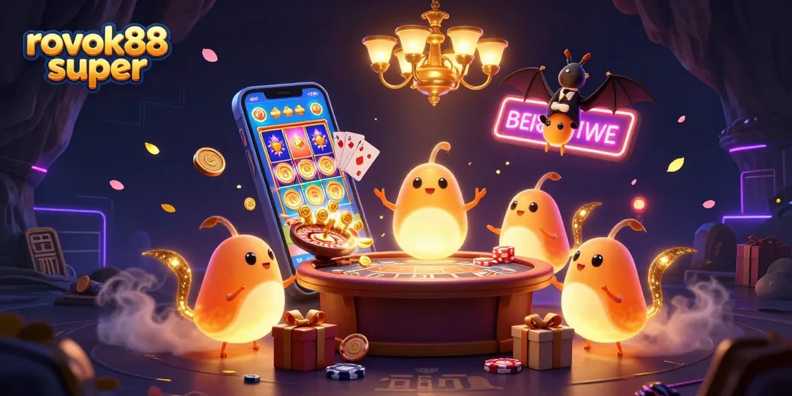 Experience the thrilling atmosphere of rokok88 super with illuminating glowworms in this vibrant casino scene.