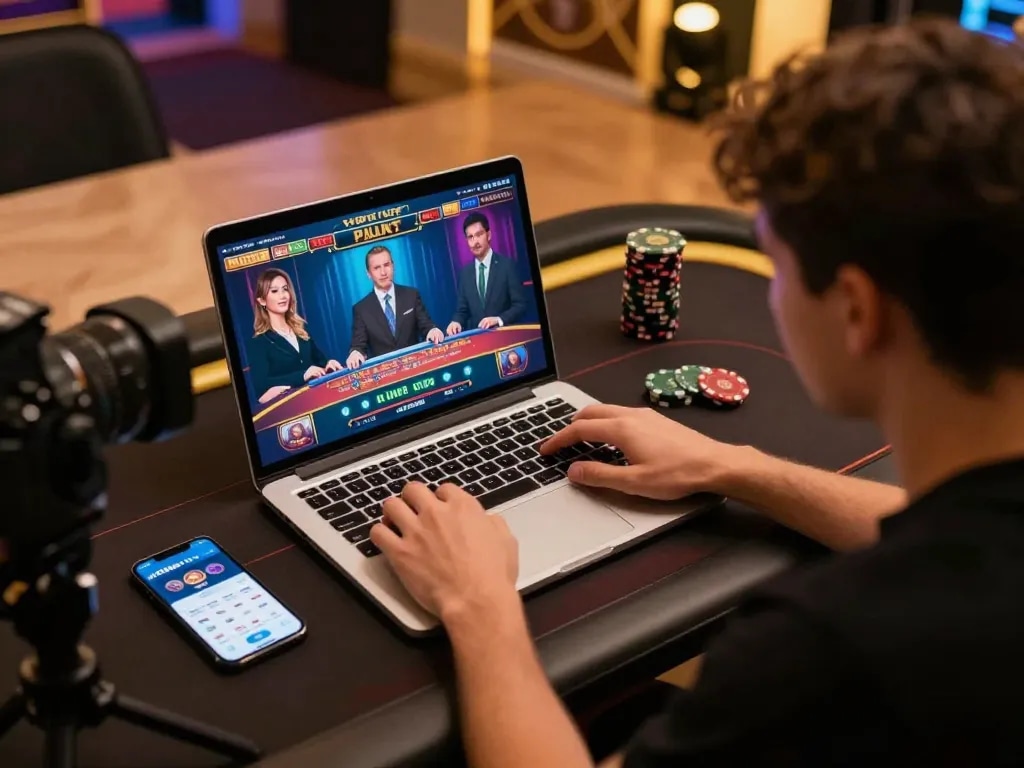 Xoilac TV user enjoying a live dealer game on a laptop, capturing the essence of online gambling.