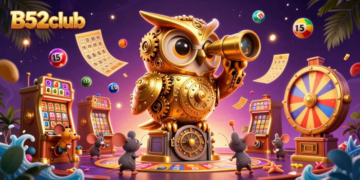 B52club features an enchanting casino scene showcasing an owl and mice playing amid vibrant lottery elements.