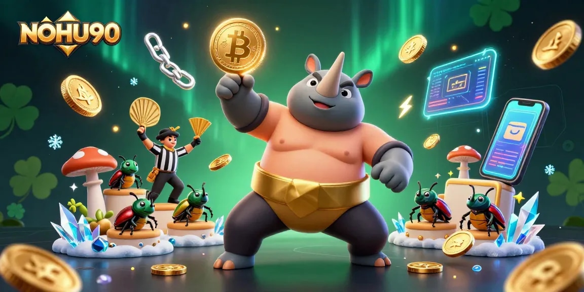 Engage with NOHU90's thrilling casino scene featuring a sumo beetle champion amidst gaming coins.