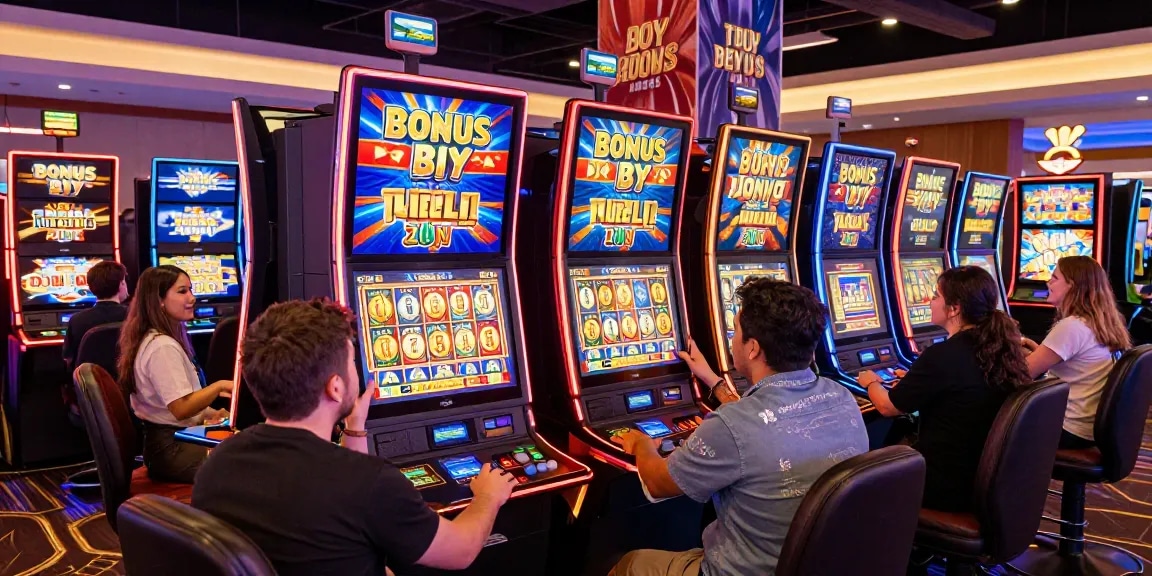 Engaged players at https://cocomaya.co.uk enjoying Bonus Buy slots in a lively casino, showcasing the excitement of instant access to bonus features.