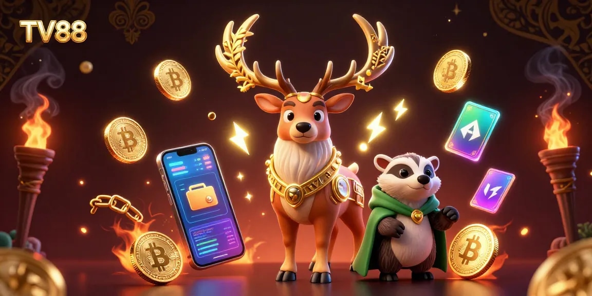 Engage in casino adventures at TV88, with a mystical 3D stag and badger surrounded by glowing cryptocurrency.